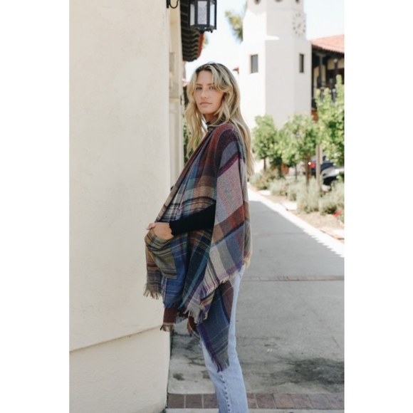 Plaid Pocket Ruana Poncho Blanket Sweater Scarf - Picture 4 of 7